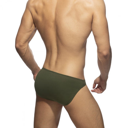 Olive green cotton bikini brief showcasing soft breathable fabric ideal for everyday comfort