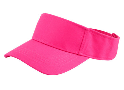 Bright pink cotton solid color visor with curved brim and adjustable strap shown from the back side