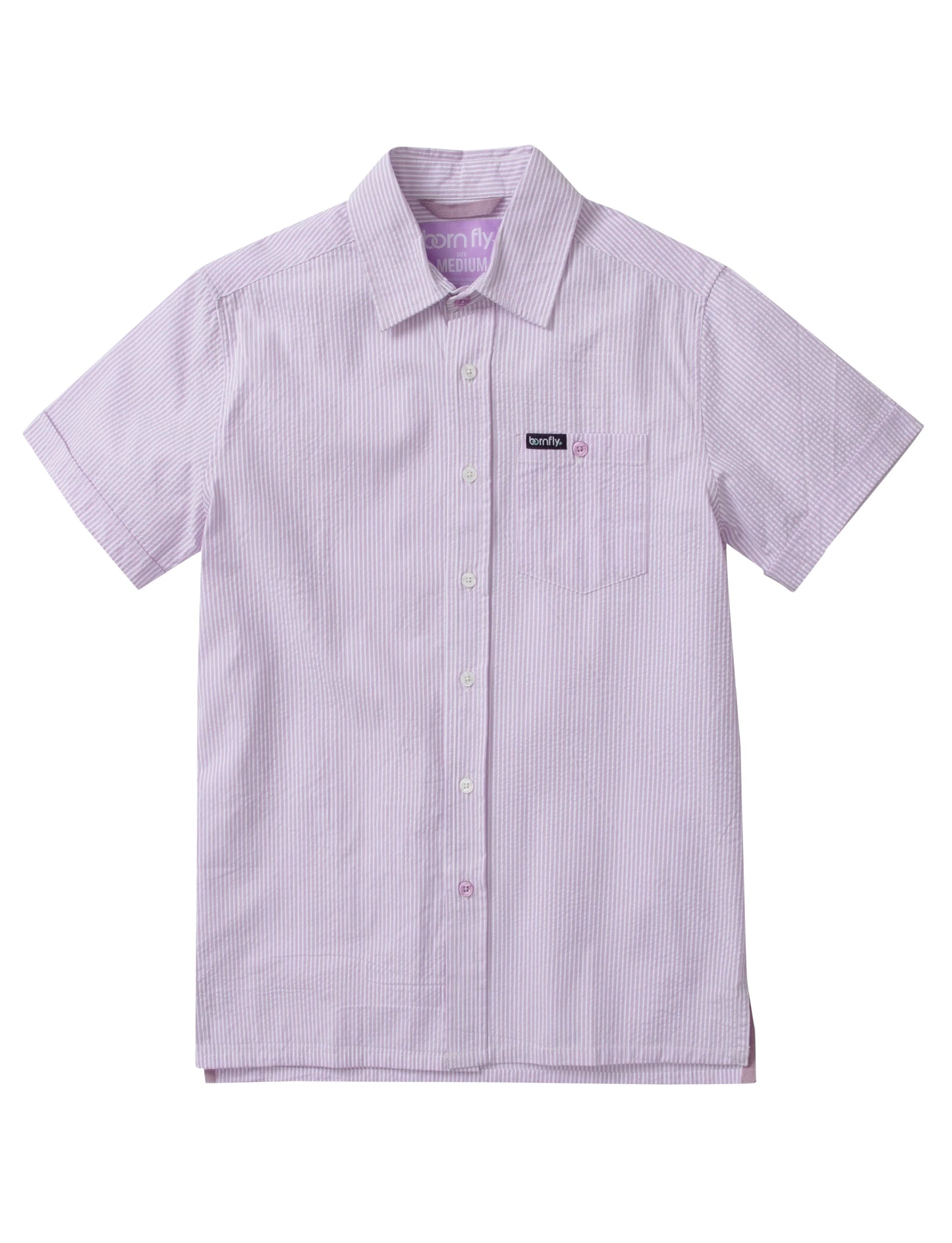 Country club fly seersucker shirt featuring lavender and white vertical stripes with a collar and chest pocket patch