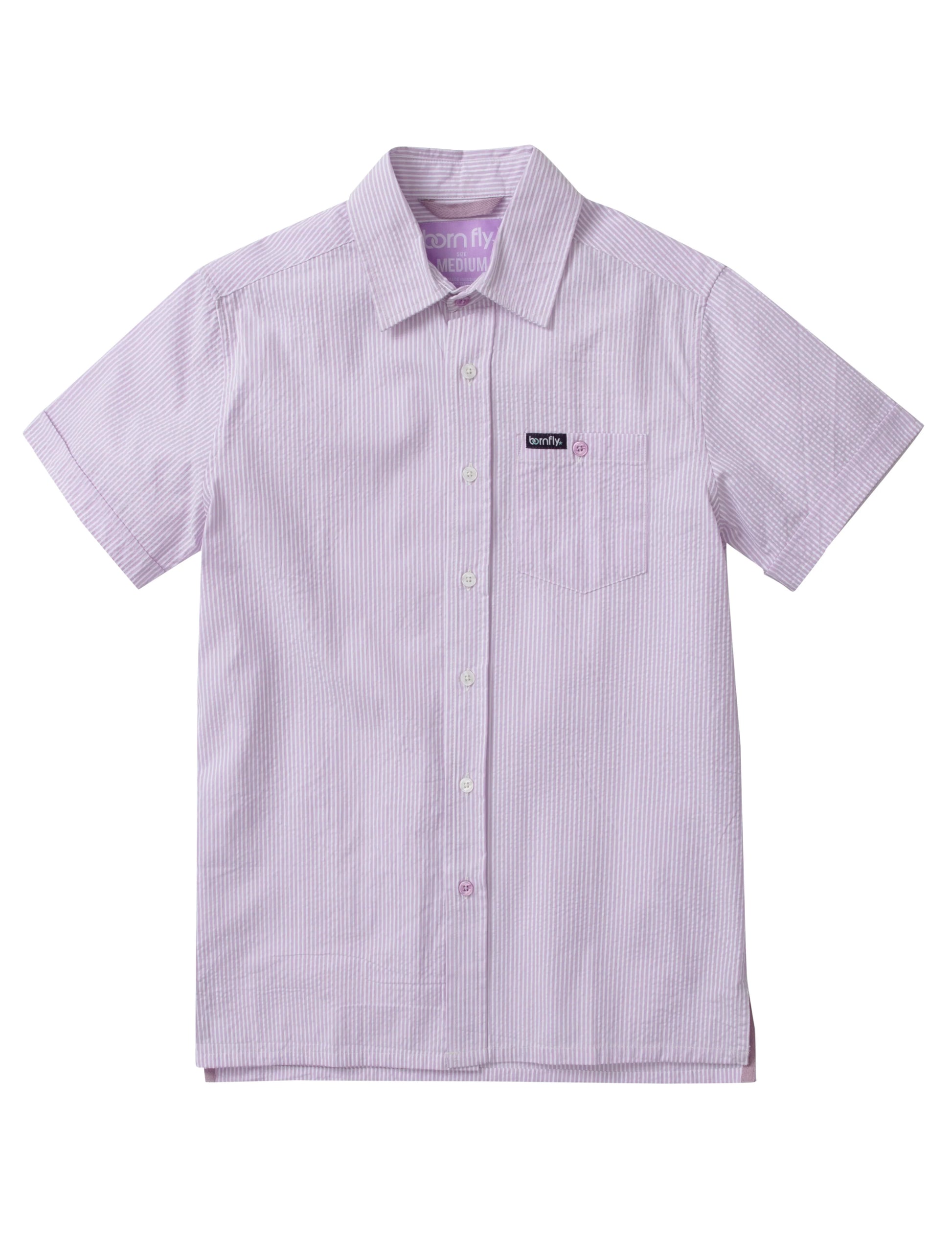 Country club fly seersucker shirt featuring lavender and white vertical stripes with a collar and chest pocket patch