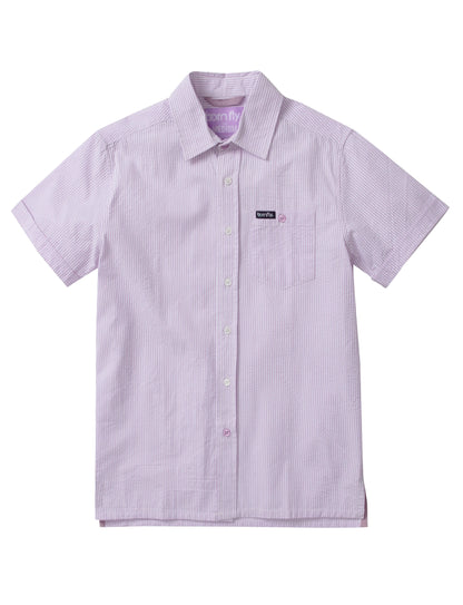 Country club fly seersucker shirt featuring lavender and white vertical stripes with a collar and chest pocket patch