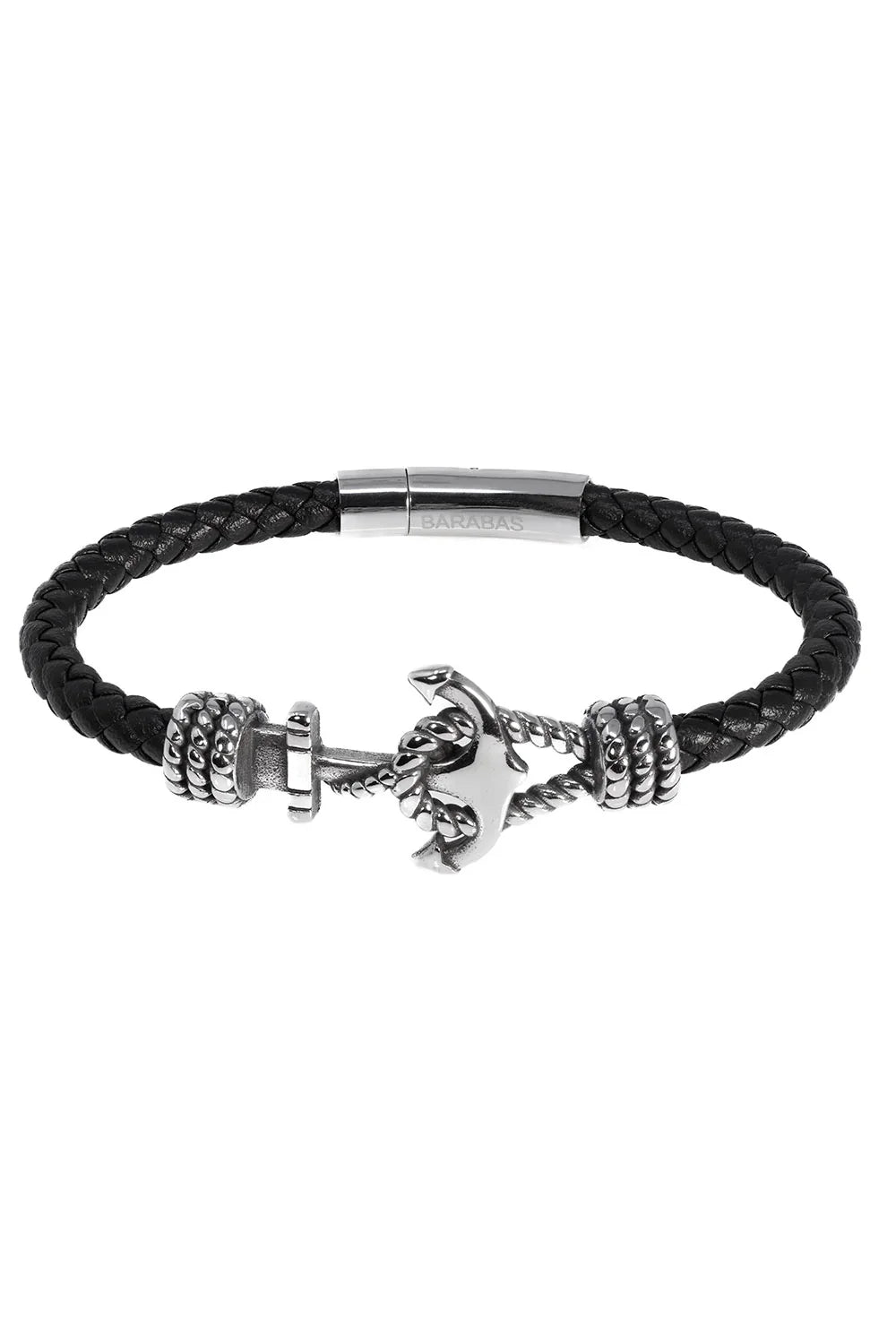 Black braided leather bracelet COURANT UPROAR with silver anchor charm and textured metal beads for casual wear