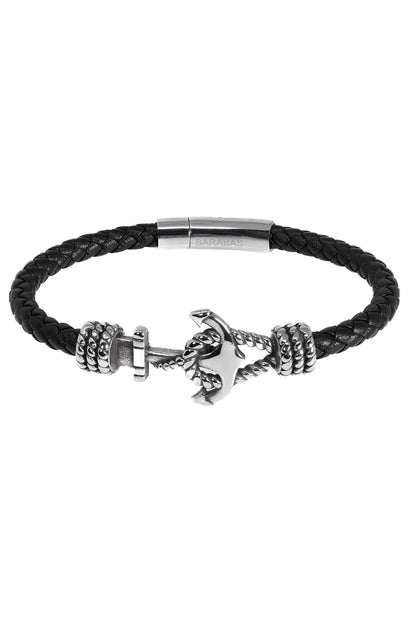 Black braided leather bracelet COURANT UPROAR with silver anchor charm and textured metal beads for casual wear