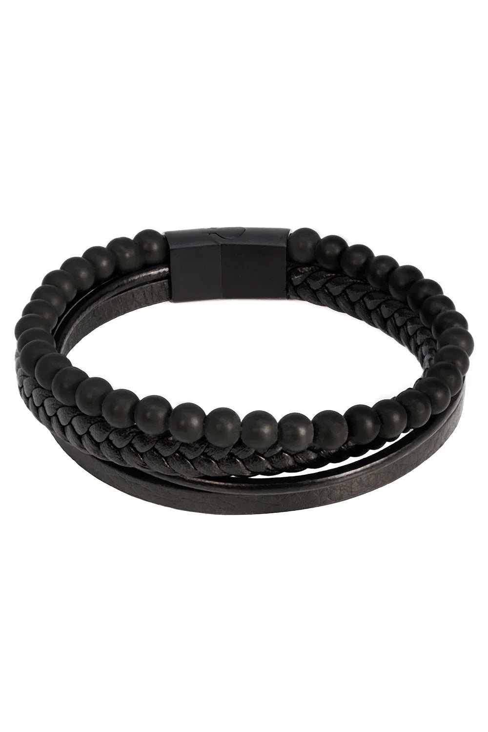 Black beaded leather bracelet with a sleek magnetic clasp from the Courant wrinkle bracelet collection