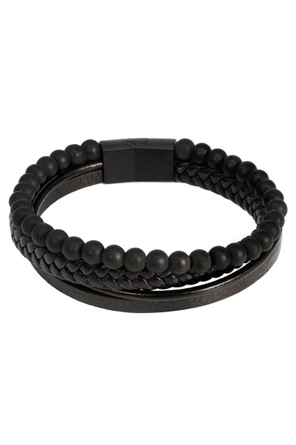 Black beaded leather bracelet with a sleek magnetic clasp from the Courant wrinkle bracelet collection