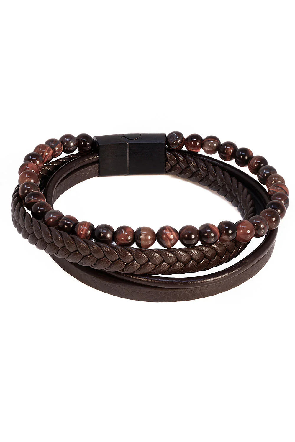 Courant wrinkle bracelet brown leather braided with tiger eye beads and black magnetic clasp for men or women