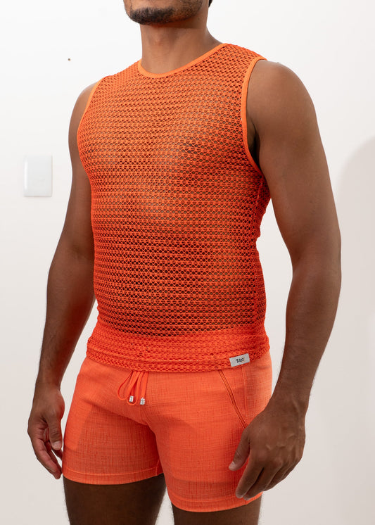 Orange crochet muscle tank top with round neckline sleeveless design and elastic waistband in mesh fabric