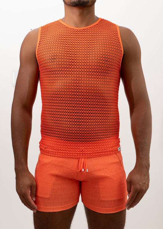 Bright orange crochet muscle tank top with a fitted sleeveless design and matching drawstring shorts