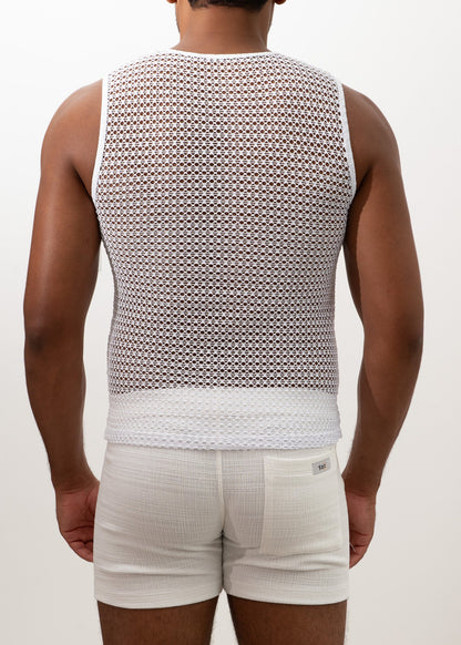 White crochet mesh muscle tank top with a solid white band at the bottom for casual summer wear