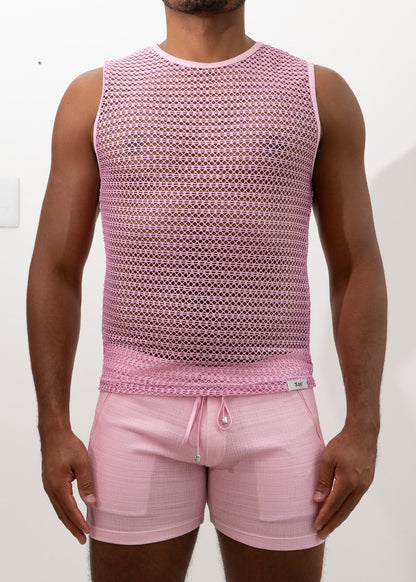 Pink crochet muscle tank top with mesh sleeveless design round neckline and subtle geometric pattern