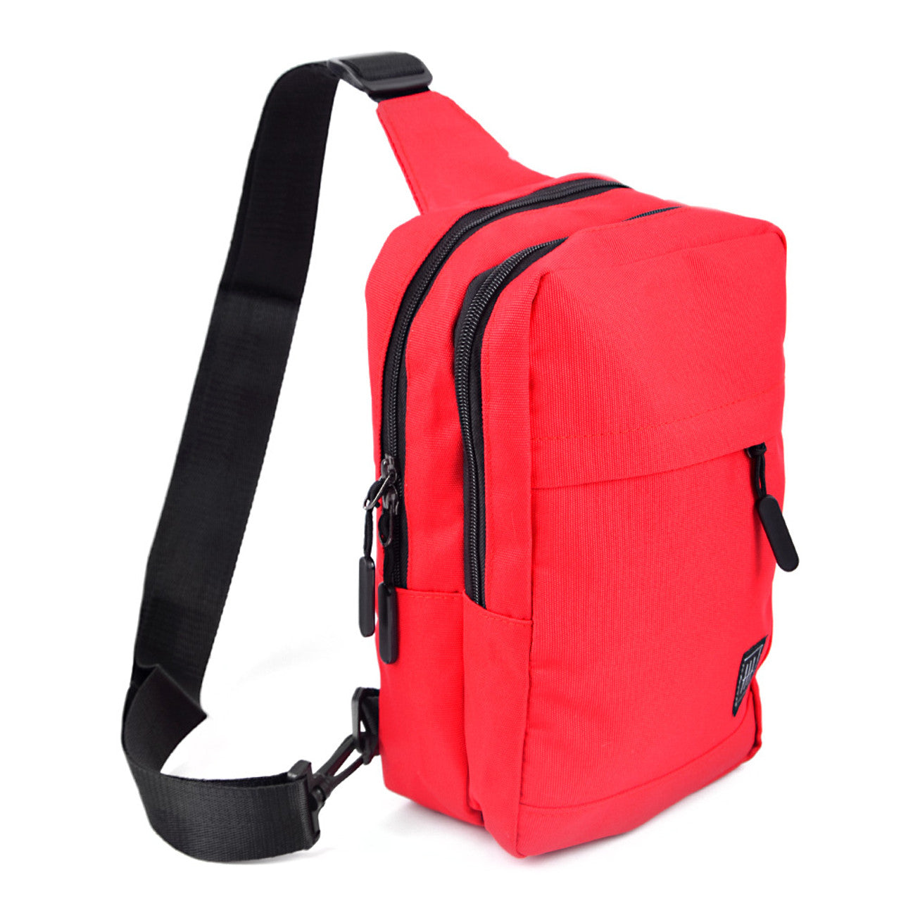 Red nylon crossbody canvas sling bag with black zippers and adjustable strap for everyday use
