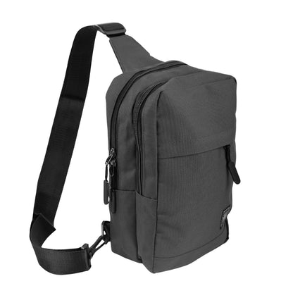 Black nylon crossbody canvas sling bag with multiple zippered compartments and adjustable strap for hands-free use