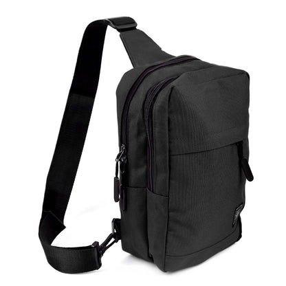 Black tactical-style crossbody canvas sling bag with durable fabric and multiple zippered compartments for secure storage