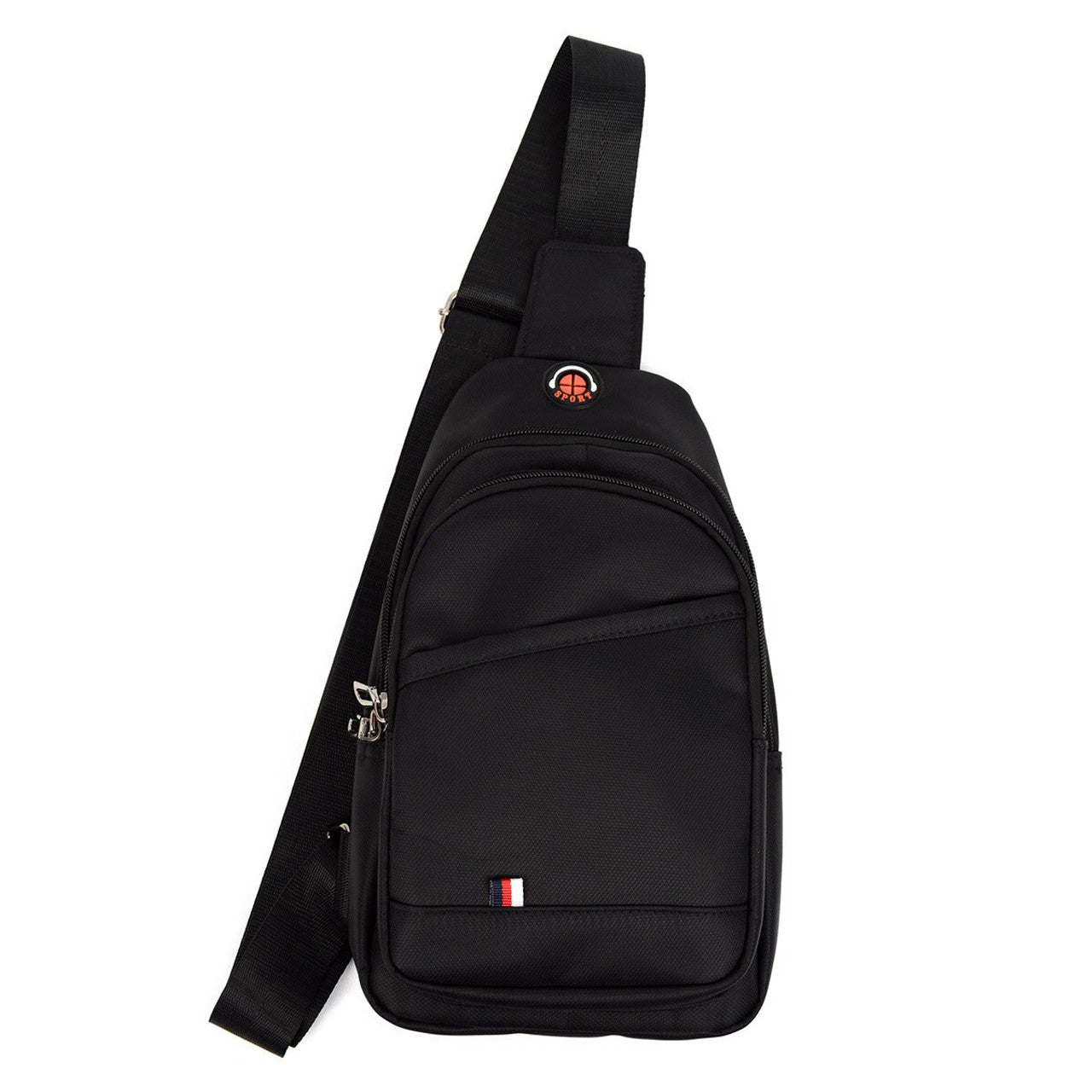 Black nylon crossbody sling bag with red and white logo patch on the front for hands-free carrying