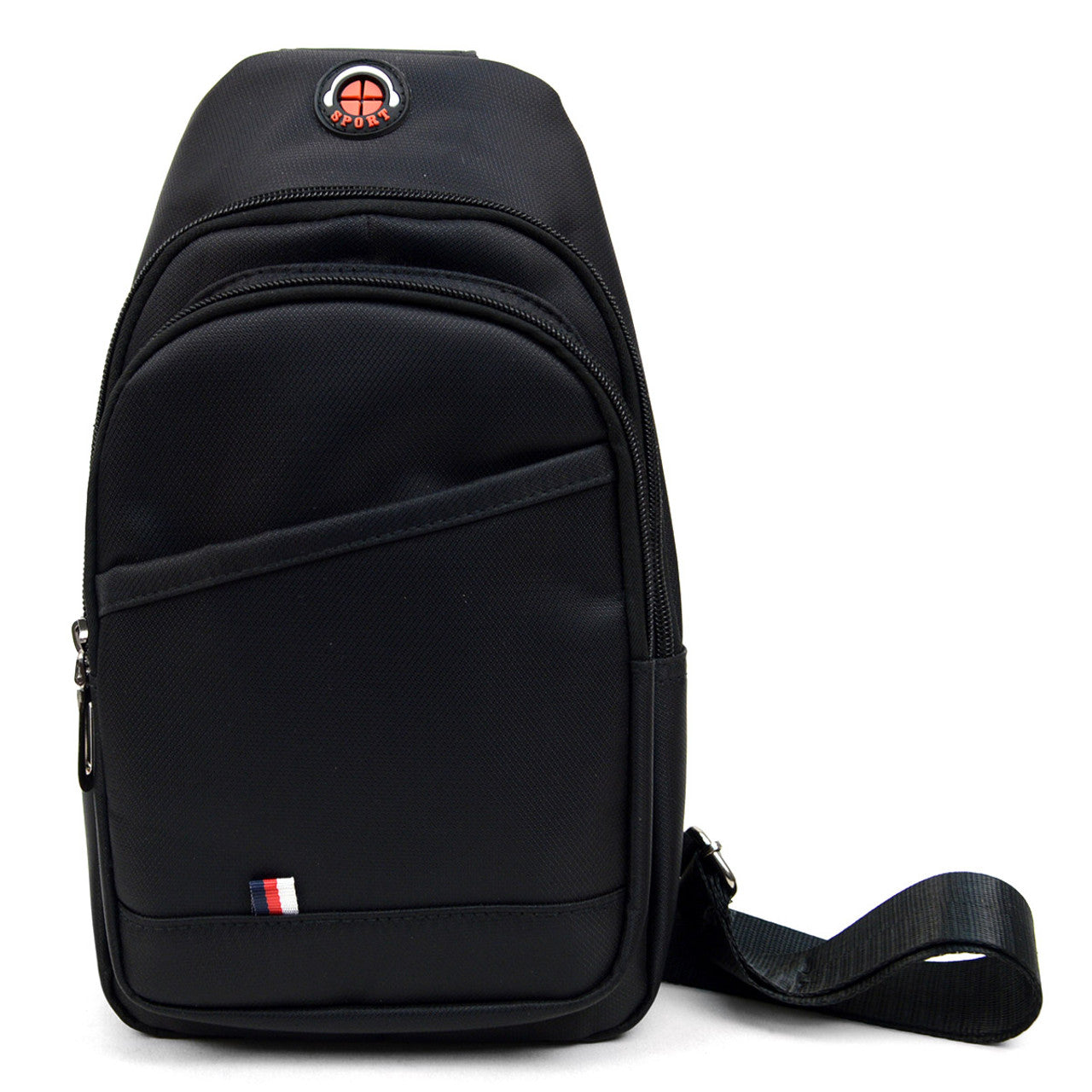 Black nylon crossbody sling bag with red and white circular logo and small flag emblem for everyday use