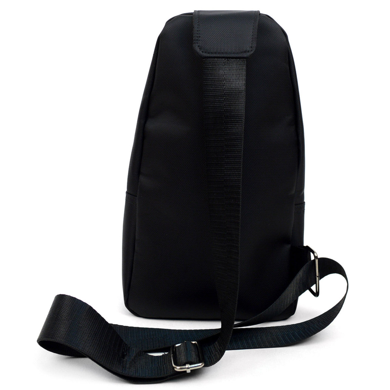 Black nylon crossbody sling bag with adjustable strap and metal buckle for hands-free carrying