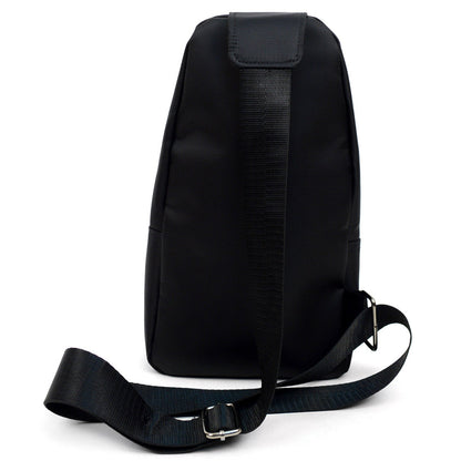 Black nylon crossbody sling bag with adjustable strap and metal buckle for hands-free carrying