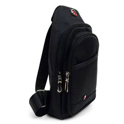 Black nylon crossbody sling bag with silver zippers and a red logo patch for hands-free convenience