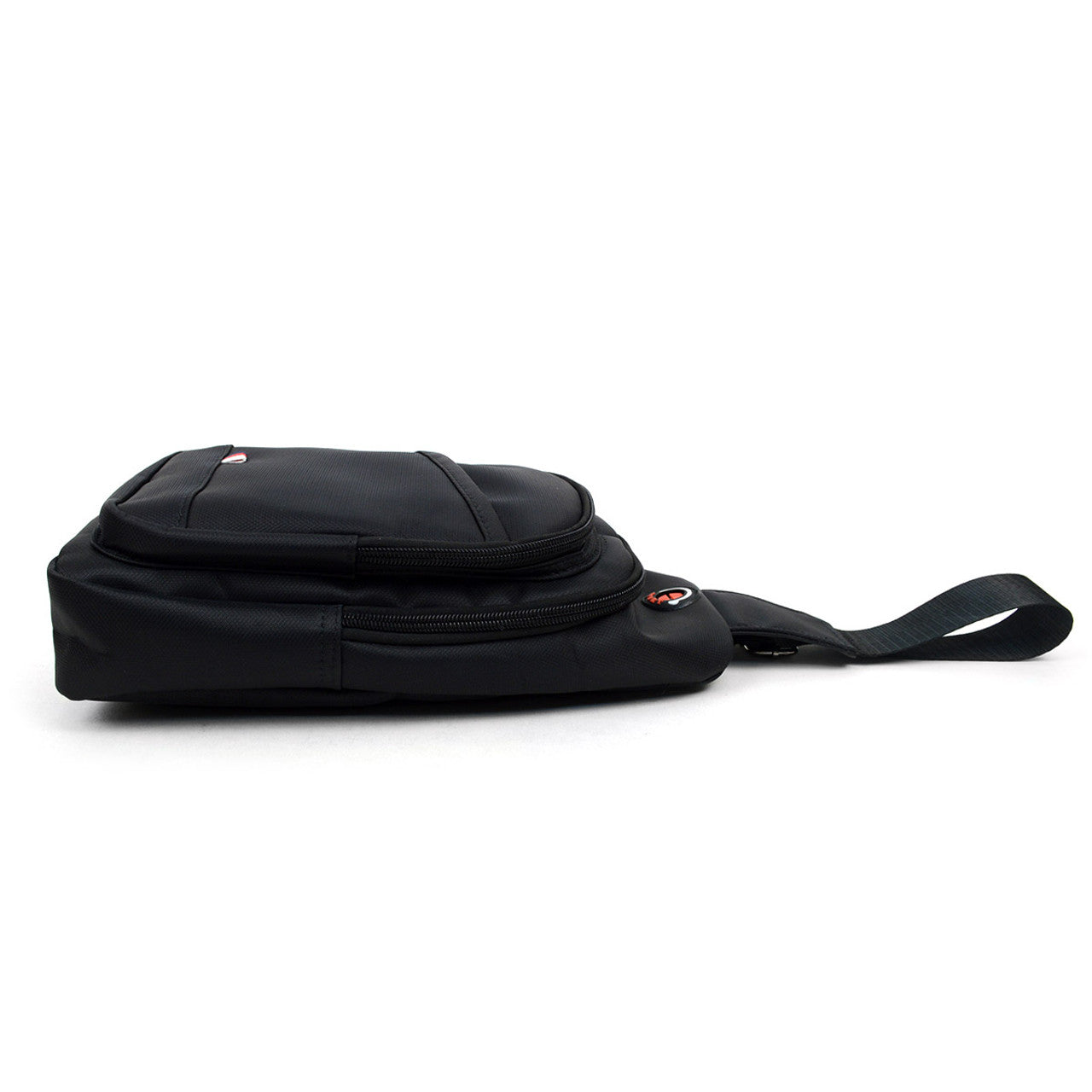 Black nylon crossbody sling bag with sleek minimalist design and subtle red logo accents for everyday use