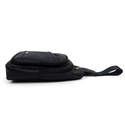 Black nylon crossbody sling bag with sleek minimalist design and subtle red logo accents for everyday use