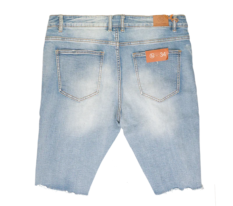 Crysp denim cut off short light-wash denim shorts with frayed hem and orange brand tags front view