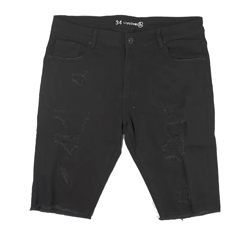 Black distressed denim cut off shorts with a 34 waistband and crysdenn branding, perfect for casual wear