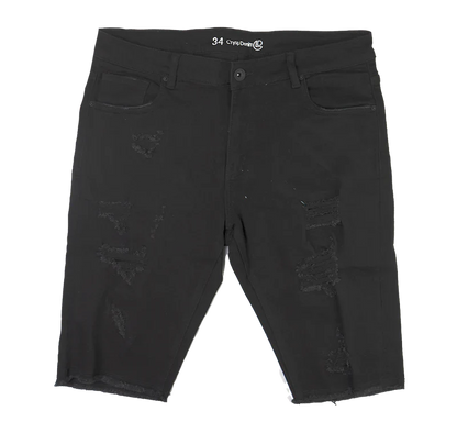 Black distressed denim cut off shorts with a 34 waistband and crysdenn branding, perfect for casual wear