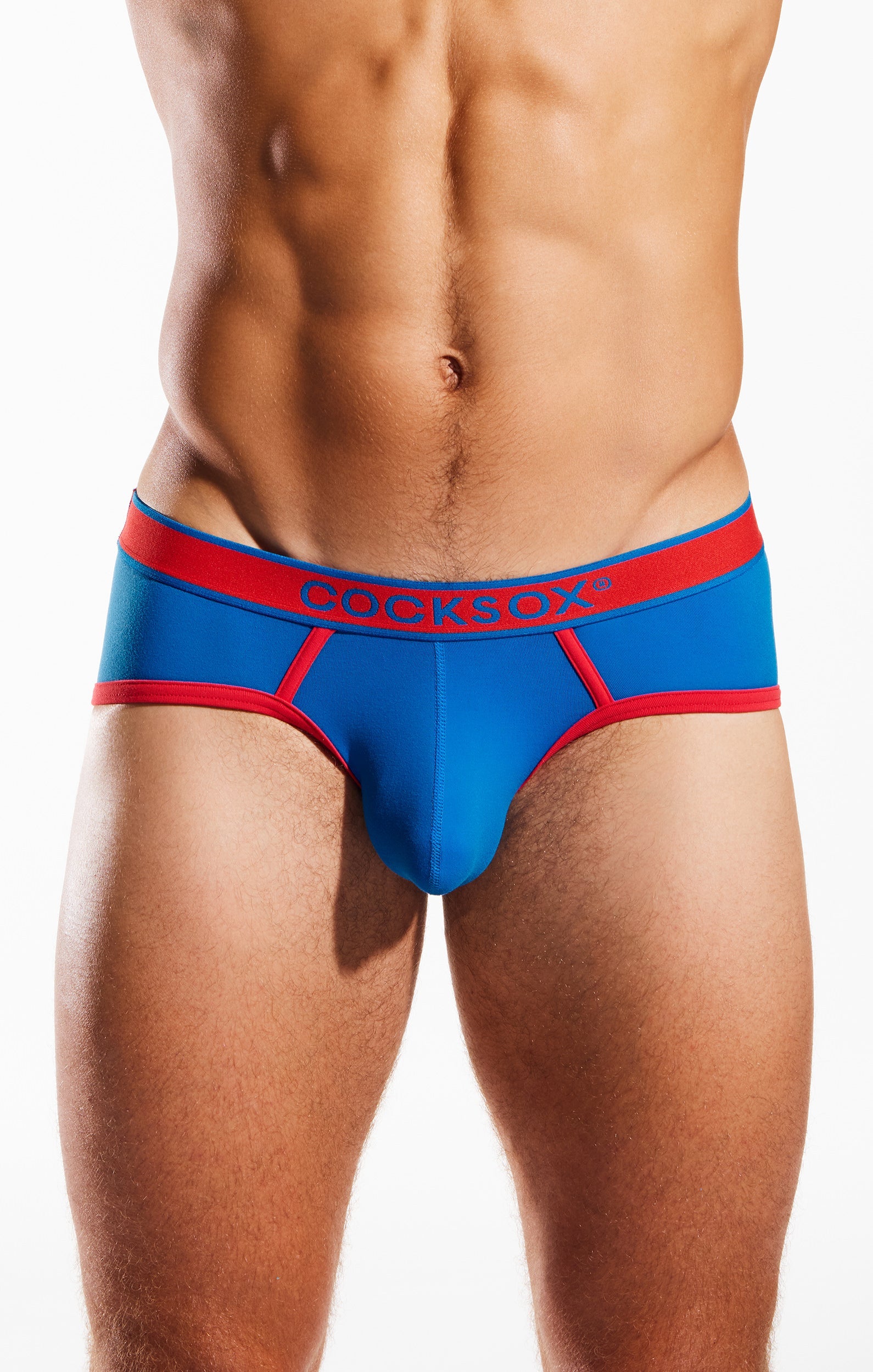 Blue and red cocksox cx76n supplex sports briefs with a snug fit made for athletic support
