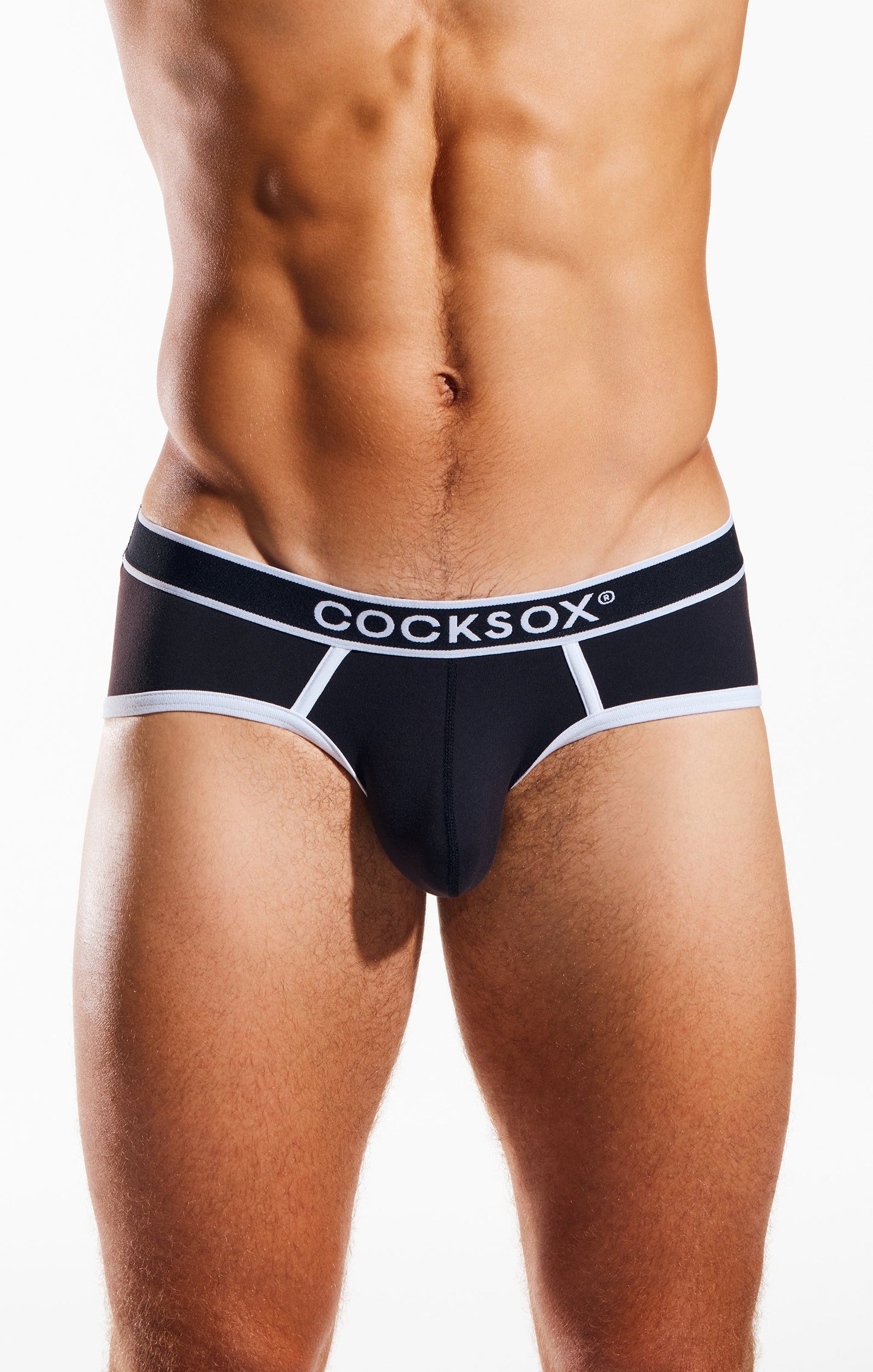 Black cocksox men’s sports briefs in supplex fabric with white trim and bold logo waistband for active wear