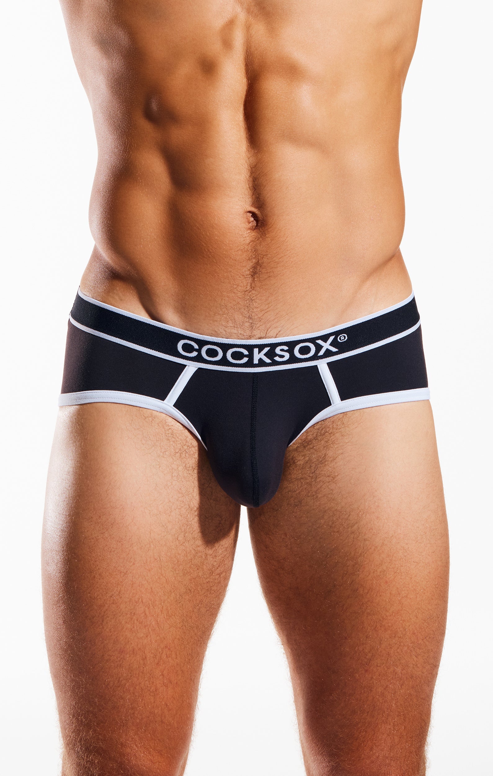 Black cocksox men’s sports briefs in supplex fabric with white trim and bold logo waistband for active wear