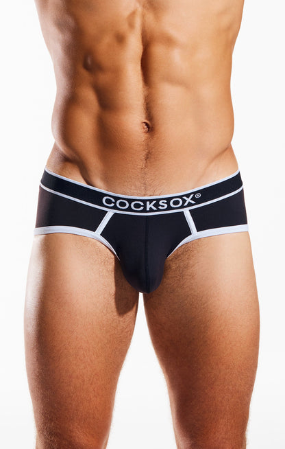 Black cocksox men’s sports briefs in supplex fabric with white trim and bold logo waistband for active wear
