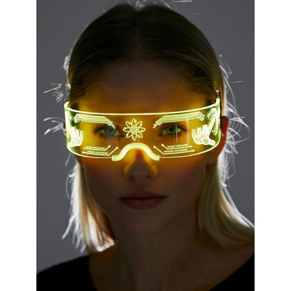 Cyberpunk light up glasses with glowing yellow led visor featuring futuristic circuit and hand gesture designs