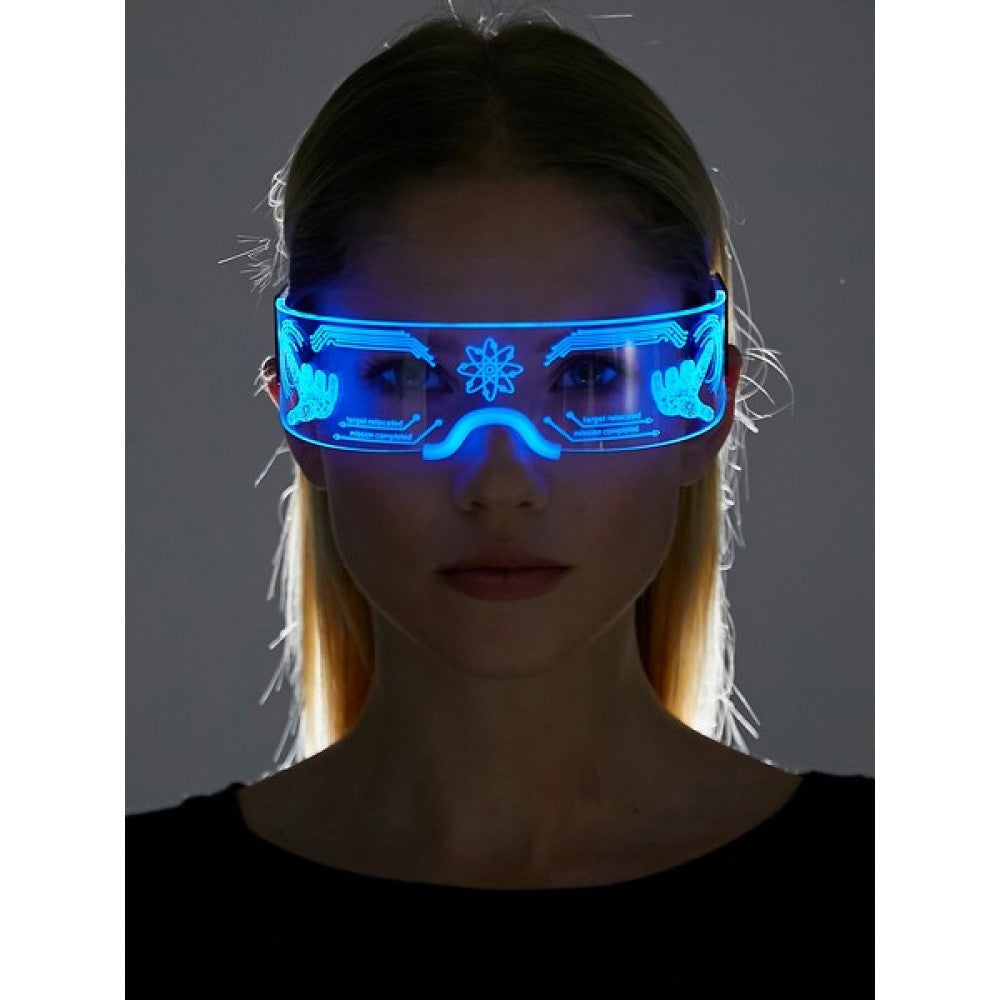 Blue led visor glasses with glowing futuristic design and intricate patterns for cyberpunk light up fashion