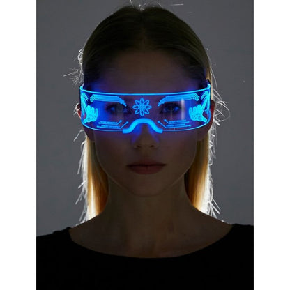 Blue led visor glasses with glowing futuristic design and intricate patterns for cyberpunk light up fashion
