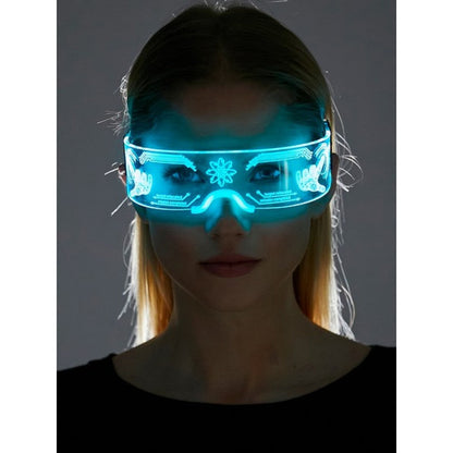 A glowing blue led visor cyberpunk light up glasses with intricate white patterns and illuminated edges