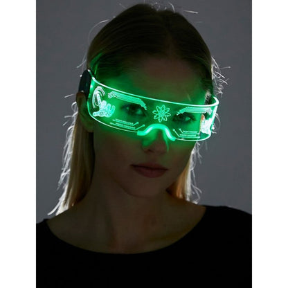 Cyberpunk light up glasses with green glowing circuit patterns and a sleek transparent frame for futuristic style