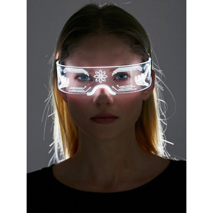 A sleek transparent cyberpunk light up glasses visor with glowing white led patterns and a central starburst design