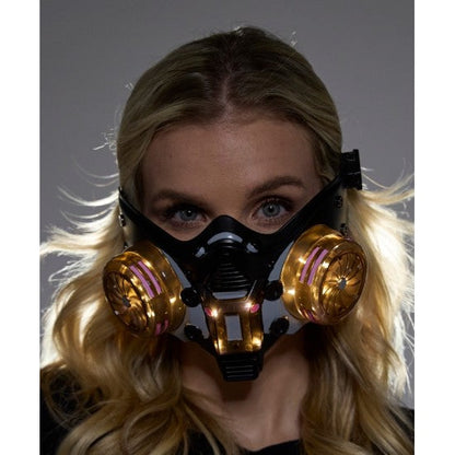 Cyberpunk light up mask black gas mask with gold filters and pink accents designed for futuristic style use