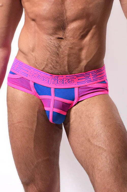 Cybertech brief vibrant pink and blue mesh briefs with bold geometric pattern and x-strafficks logo on waistband