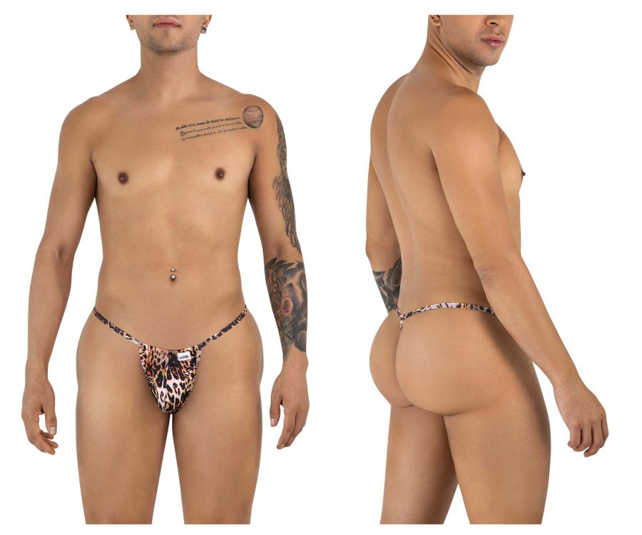 Leopard-print animal print thong g-string with small white candyman brand tag on the front color animal print