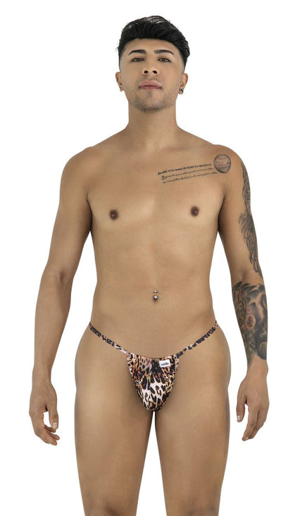 Leopard-print thong g-string by candyman with a small white brand tag on the front in animal print color