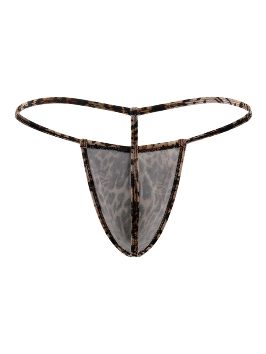 Sheer CandyMan 9586 G-string thong with leopard print and black brown elastic waistband shown from the back side