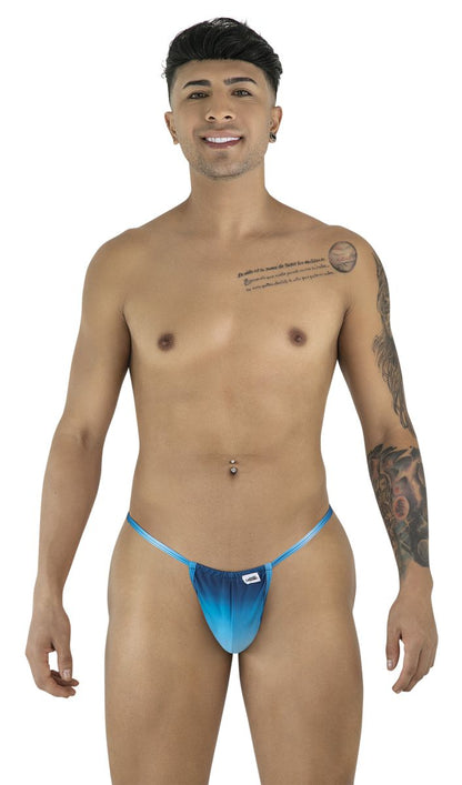 Blue gradient CandyMan 9586 g-string swim trunks with subtle side logo designed for beach and swimwear use