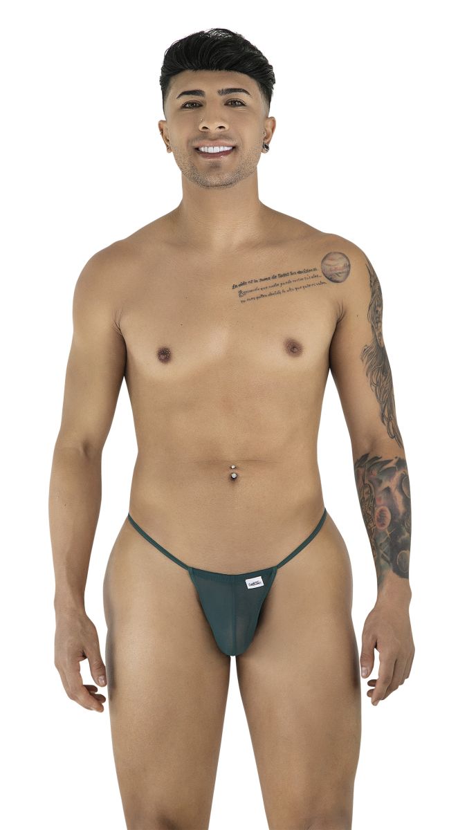 Dark green minimalist CandyMan 9586 G-String thong with bottle green mesh and small white brand tag at the front