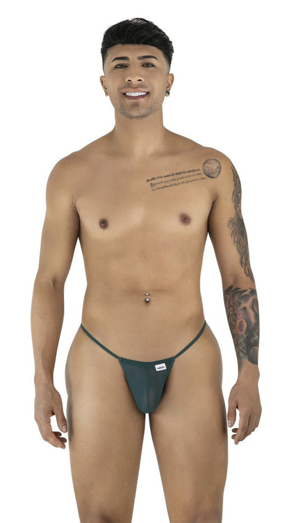 Dark green minimalist CandyMan 9586 G-String thong with bottle green mesh and small white brand tag at the front
