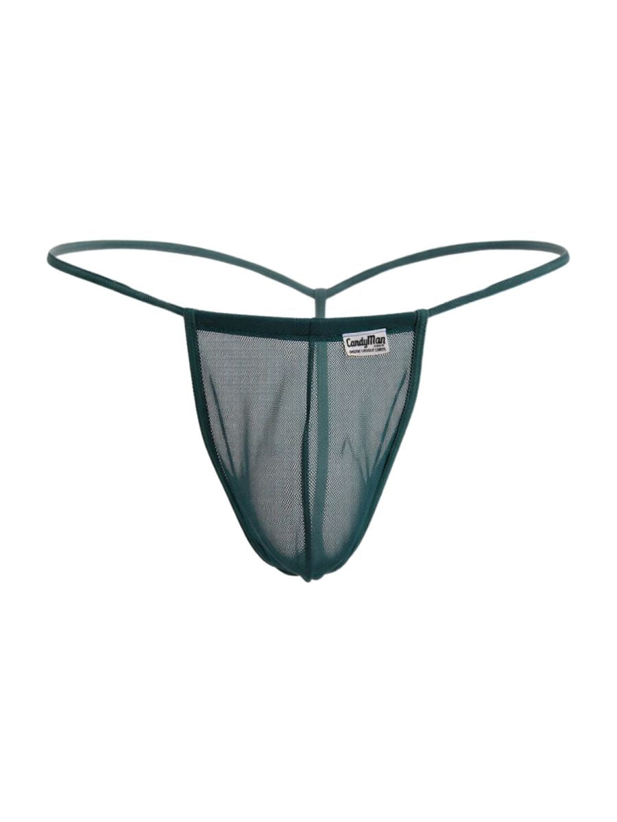 Dark green mesh thong g-string with thin elastic straps and a small brand tag candy man 9586 bottle green mesh