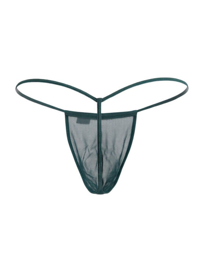 Dark green bottle green mesh candyMan 9586 g-string thong with thin matching elastic straps front side view