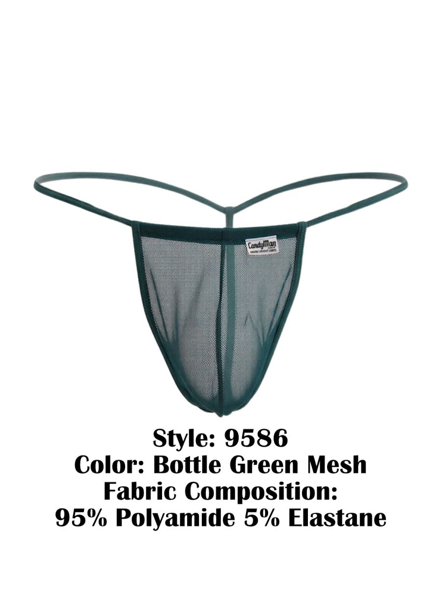 Bottle green mesh CandyMan 9586 g-string with thin elastic straps and branded label at center front