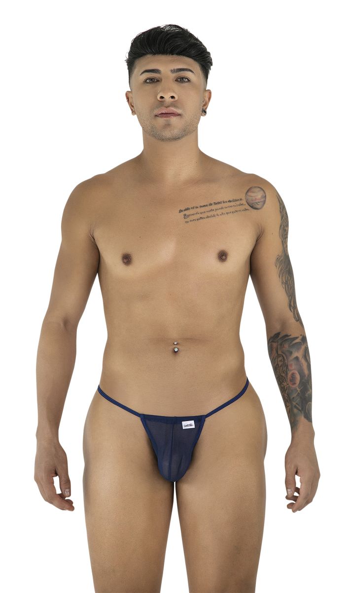 Navy blue CandyMan 9586 G-string thong made of dark blue mesh with a small white brand tag on the front