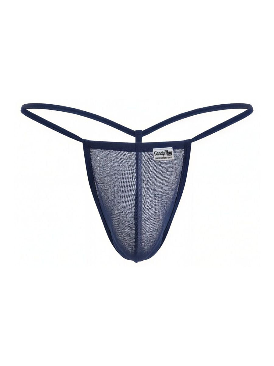 Navy blue mesh thong g-string with thin elastic straps and a small CandyMan brand tag visible in front view